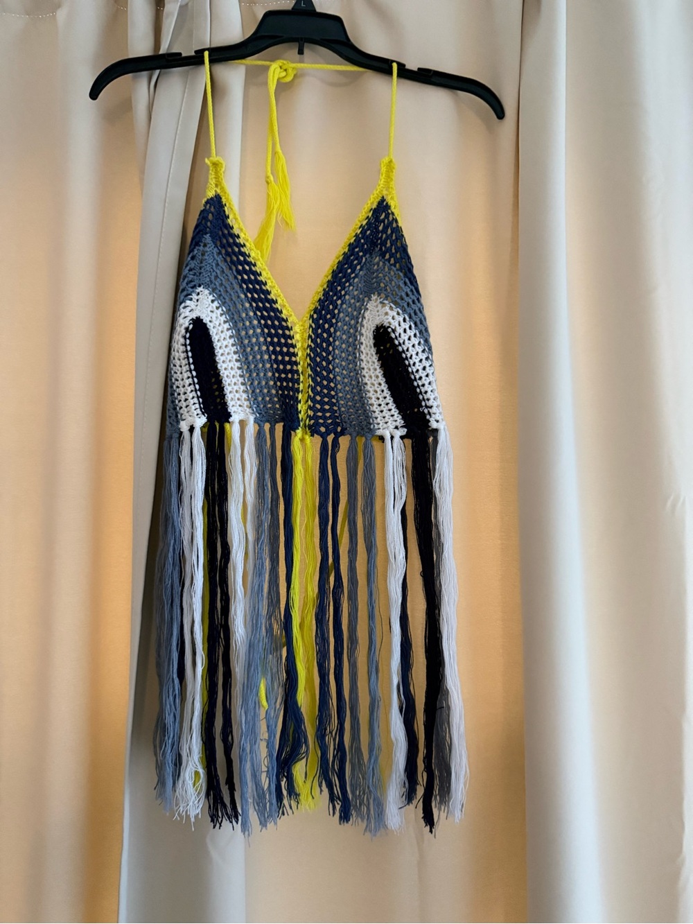Crochet Fringe Halter Top in Navy, Gray, White & Neon Yellow